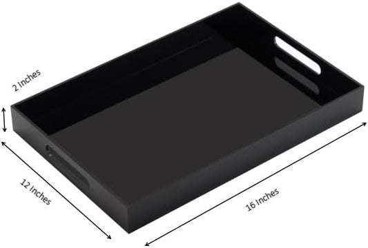 Glossy Black Sturdy Acrylic Serving Tray with Handles-12x16Inch-Serving Coffee,Appetizer,Breakfast,Butler-Kitchen Countertop Tray-Makeup Drawer Organizer-Vanity Table,Ottoman Trays-DecorativeTray