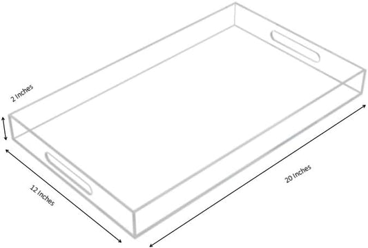 Clear Sturdy Acrylic Serving Tray with Handles-12x20Inch-Serving Coffee,Appetizer,Breakfast,Butler-Kitchen Countertop Makeup Drawer Organizer-Vanity Table Ottoman Tray-Decorative Tray