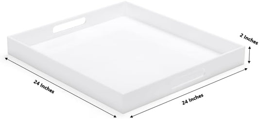 White Acrylic Ottoman Tray with Cutout Handles 24x24 Inch Over-Sized Serving Tray Rubber Boot Organizer Decorative Tray for Living Room, Bedroom,Bathroom Entryway and Kitchen Tabletop
