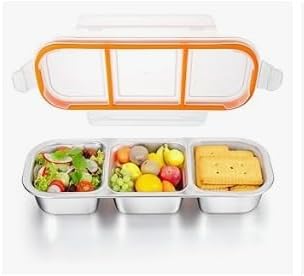 2PCS Stainless Steel 3-Compartment Snack Box with Lid and Leak-Proof Design, Dishwasher Safe for Snacks, Dips, Takeout, Travel, and Outdoor Camping (2-Piece Set) (Large Size)