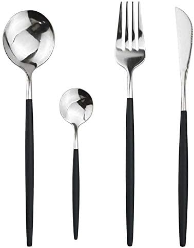 24-Piece Flatware Set, 18/0 Stainless Steel Knife Fork Spoon Teaspoon Silverware Set, Service for 6, Black Handle Silver