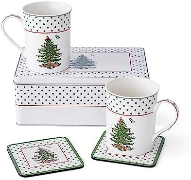 Spode Christmas Tree Polka Dot Mug & Coaster Set with Tin Box (5-Piece Set) - Festive Holiday Gift Set for Tea Lovers - Elegant Porcelain Mugs & Cork-Backed Coasters - Dishwasher & Microwave Safe