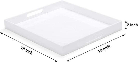 White Acrylic Large Ottoman Tray with Handles 18"x18"x2" Spill Proof Serving Tray Rubber Boot Organizer Tray Decorative for Living Room Bedroom Kitchen Entryway Coffee Table Countertop