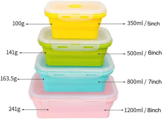 Set of 4, Collapsible Silicone Food Storage Container, Leftover Meal Box for Kitchen, Lunch Boxes with Clip-on Lid, Stackable, Space Saving, Dishwasher Safe, BPA Free