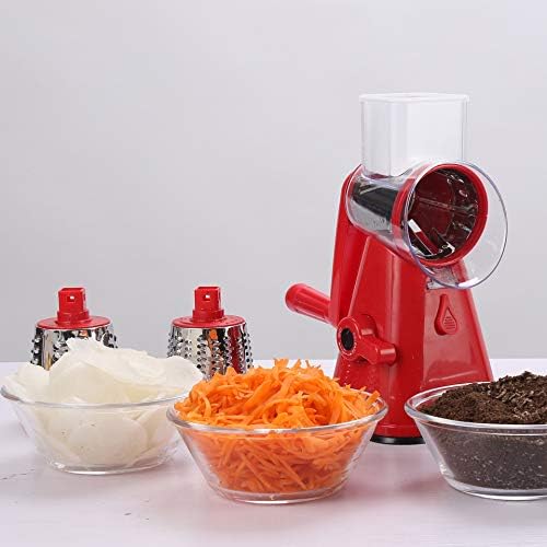 Manual Rotary Potato Grater Kitchen Mandoline Vegetable Slicer,with 3 Interchangeable Blades,Easy to use (Red)