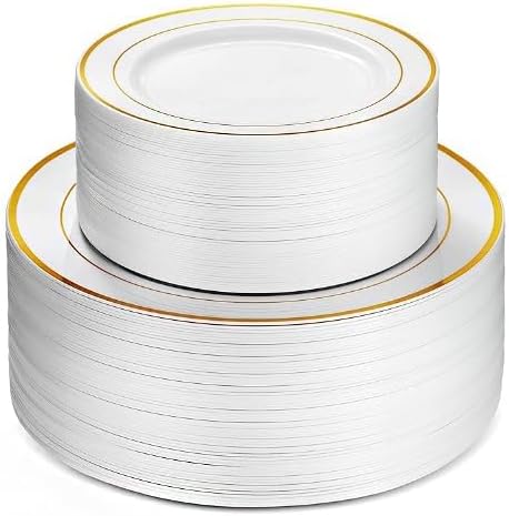Neatiffy100 Pcs Gold Rim Plastic Dinnerware Set (50 Guest) | 50 x (Dinner Plate, Dessert Plate) | For Wedding, Luxurious Party, Special Event