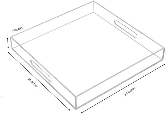 Clear Sturdy Acrylic Serving Tray with Handles - 14x14Inch - Coffee, Appetizer, Breakfast, Butler Tray - Kitchen Countertop & Makeup Drawer Organizer
