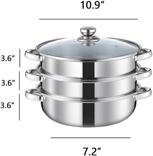 Steamer Pot for Cooking 11 inch, Steamer Pots 3-tier Multipurpose Stainless Steel Steam Pot Cookware with Handle for Vegetable