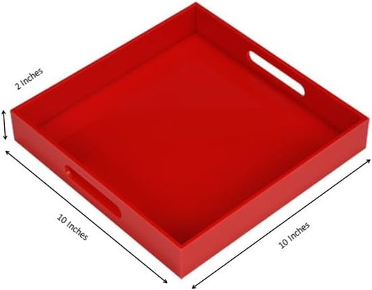 Sturdy Red Acrylic Serving Tray with Handles - 10x10Inch, Coffee/Appetizer/Butler Tray - Kitchen Countertop & Vanity Table Organizer