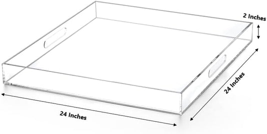 Extra Large Clear Acrylic Ottoman Tray with Cutout Handles 24x24 Inch Over-Sized King-Size Serving Tray Boot Organizer Decorative Tray for Living Room Bedroom,Bathroom and Kitchen Entryway