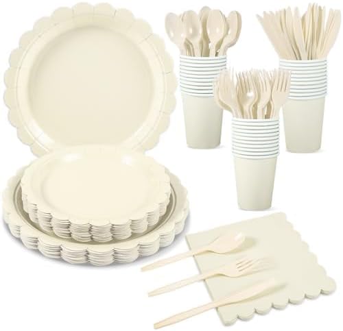 350 Pcs Ivory Paper Plates and Napkins Set, Disposable Dinnerware Set Include Scalloped Cream Paper Plates Napkins Cups Plastic Forks Knives for Birthday, Wedding, Baby Shower