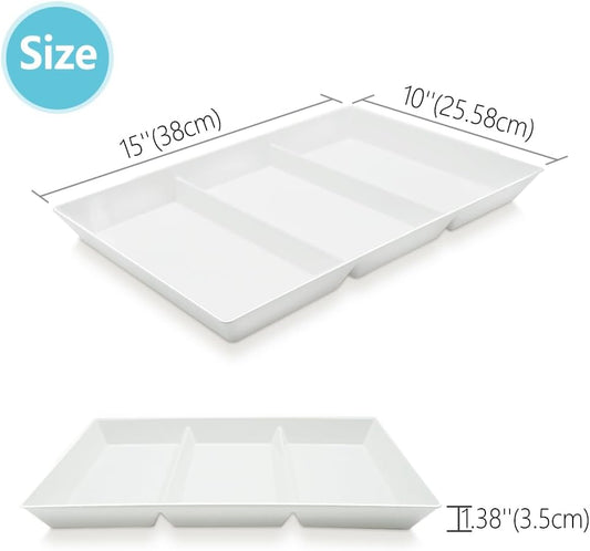 Divided Serving Tray Platter, 2 Pack 15" x 10" Fruit Veggie Food Tray for Party, Plastic Serving Trays for Appetizer, Snack, Dessert, Cookie, Brunch Decorations Platters, White Trays BPA-Free