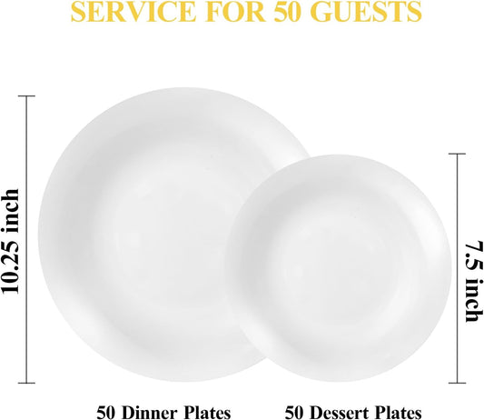 100PCS White Plastic Plates, White Disposable Plates for Party, Wedding, Include 50 Dinner Plates, 50 Dessert Plates for 50 Guests
