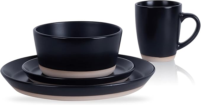 Stone Lain Jules Modern Stoneware 16-piece Round Black Dinnerware Set, Plates and Bowls Sets, Dish Set for 4, Black