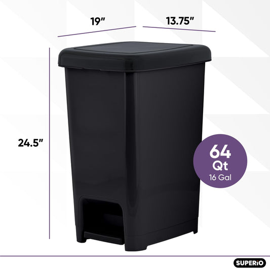 Superio Kitchen Trash Can, Slim Step On Garbage Can with Foot Pedal, 16 Gallon, 64 Qt. Large Black Heavy Duty Plastic Trash and Recycling Bin