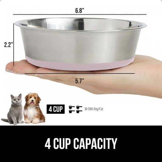GORILLA GRIP Set of 2 Dog Bowls, Holds 4 Cups (32 fl oz), Heavy Duty Metal Food and Water Bowl for Feeding Dogs and Cats, Dishwasher Safe, Rust Resistant Stainless Steel, BPA Free Rubber Base, Lt Pink