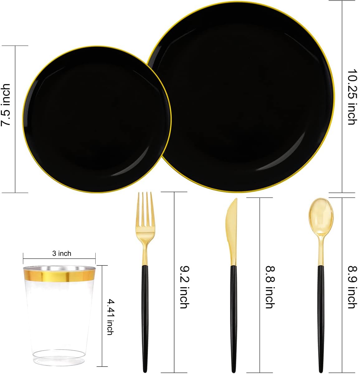 LIYH 180 Pcs Black Plastic Dinnerware Set with Gold Silverware,Halloween Plates, Black Plastic Plates Disposable, Heavyduty Gold Utensils Set for Parties,Halloween Happy New Year 30 Guests