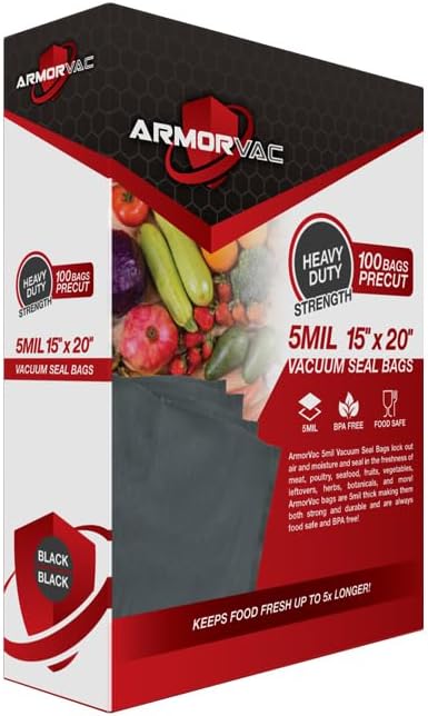 ArmorVac Vacuum Seal Bags 15x20 Inch All Black 100-Pack Precut 5mil Heavy Duty Vacuum Sealer Bags for Meat Food Herbs Sous Vide Freezer Safe Storage