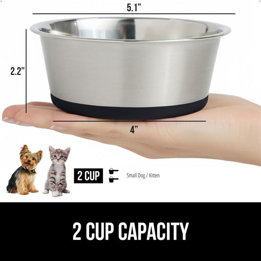 GORILLA GRIP Set of 2 Dog Bowls, Heavy Duty Metal Food and Water Bowl for Feeding Dogs and Cats, Dishwasher Safe, Rust Resistant Stainless Steel, BPA Free Rubber Base, Holds 2 Cups (16 fl oz), Black