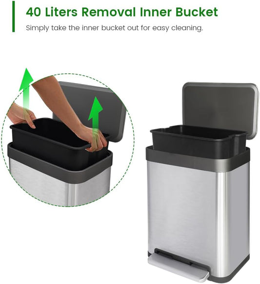 10 Gallon Stainless Steel Trash Can with Removable Inner Bucket, Soft Close & Stay Open Lid, Step-on Pedal – Modern Kitchen Waste Bin