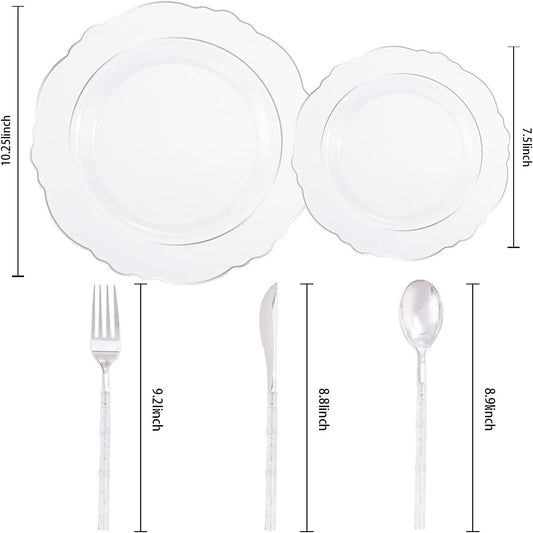 Liacere 150PCS Clear Silver Plastic Plates & Disposable Silver Plastic Silverware with Glitter Bamboo Handle Cutlery-Baroque Clear Disposable Plates for Wedding & Easter day & Mother's Day