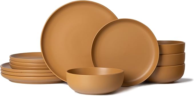 12-Piece Matte Orange Dinnerware Set,Stoneware Dinnerware for 4, Microwave & Dishwasher Safe, Stackable Design for Kitchen and Dining - Plates and Bowls