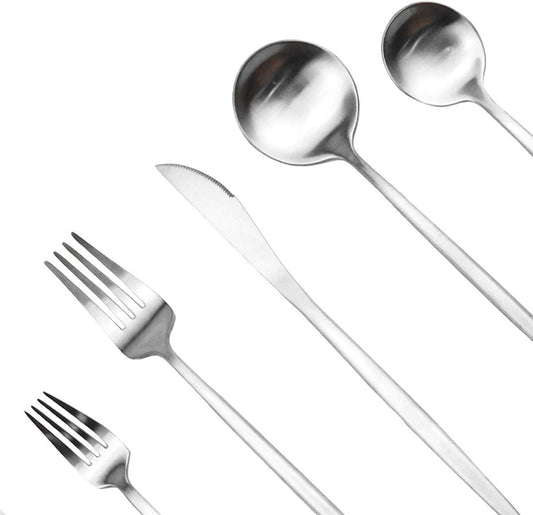 JASHII Royal Silverware Set, Matte 5 Pieces Food Grade 18/10 Stainless Steel Flatware Set Include Fork Spoon Knife Teasppons Utensils for Daily Use and Party, Service for 1, Anti Rust(Silver,1)