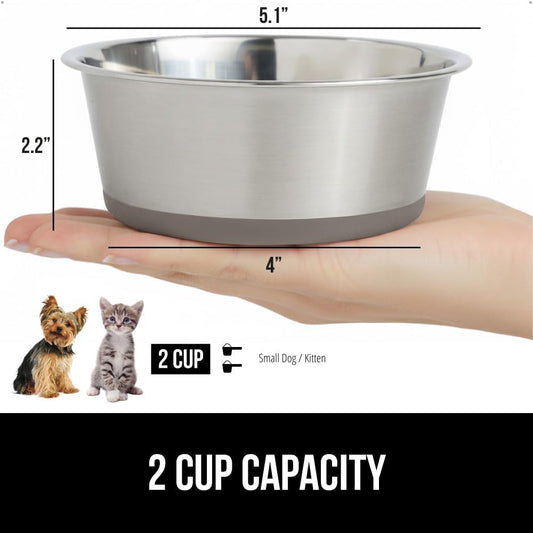 GORILLA GRIP Set of 2 Dog Bowls, Heavy Duty Metal Food and Water Bowl for Feeding Dogs and Cats, Dishwasher Safe, Rust Resistant Stainless Steel, BPA Free Rubber Base, Holds 2 Cups (16 fl oz), Beige