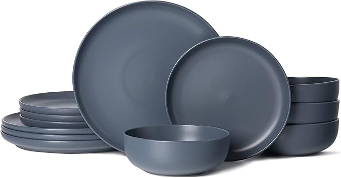 12-Piece Matte Blue Dinnerware Set,Stoneware Dinnerware for 4, Microwave & Dishwasher Safe, Stackable Design for Kitchen and Dining - Plates and Bowls
