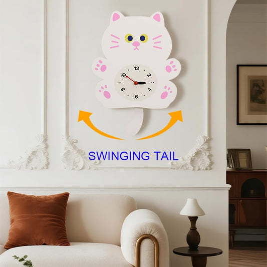 FASHION in THE CITY Adorable Cat Themed Swing Wall Clock - Silent Non-Ticking Pendulum Clock, Easy to Read Analog Clock for Cat Lovers, Nursery, Kitchen, Cute Home Decor Gift (YBZ001-White)