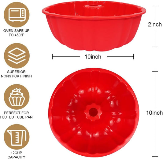 10 inch Silicone Bundt Cake Pan, Non-Stick Silicone Fluted Pans, ome Baking DIY Cake Mold for Cake, Jelly, Bread, Chocolate, Para Gelatinas (Red) (Red, 1 Pack)