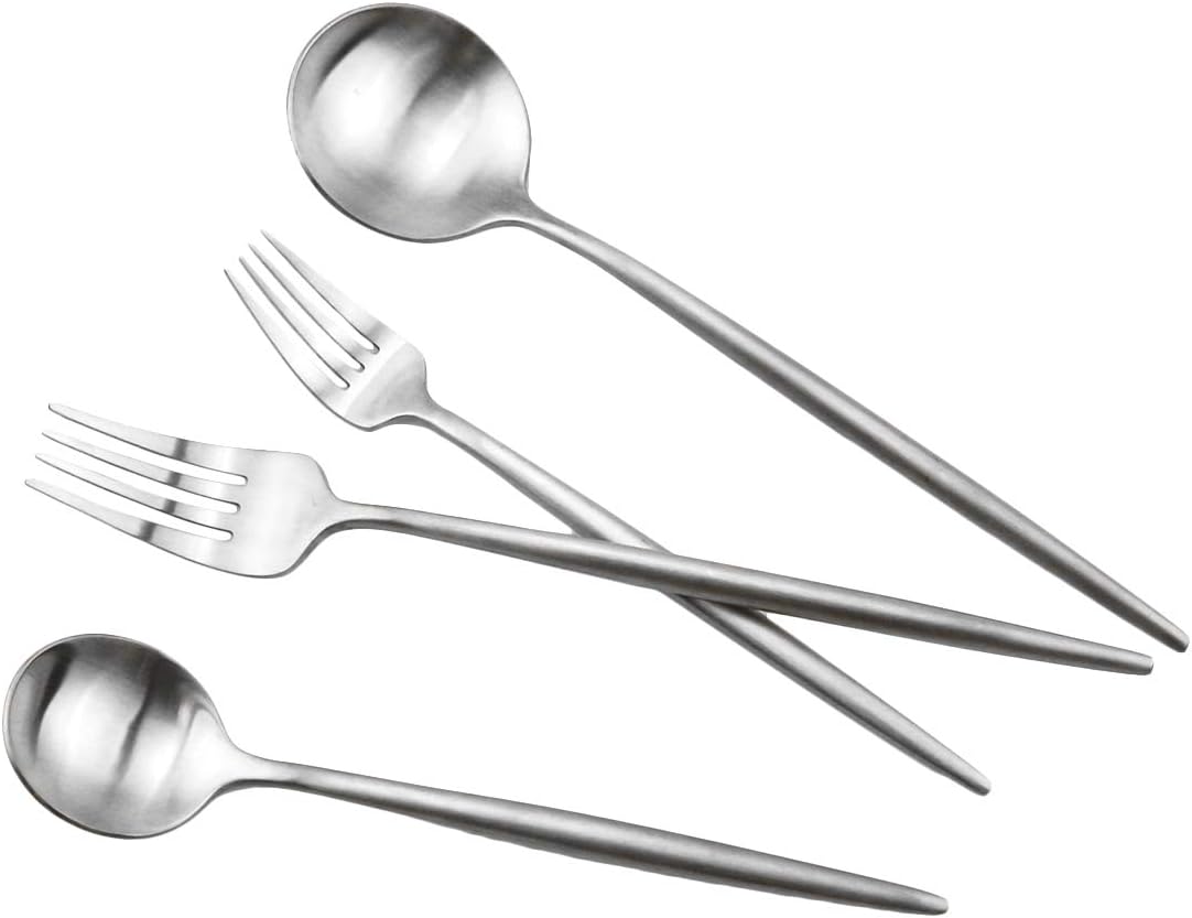 JASHII Royal Silverware Set, Matte 5 Pieces Food Grade 18/10 Stainless Steel Flatware Set Include Fork Spoon Knife Teasppons Utensils for Daily Use and Party, Service for 1, Anti Rust(Silver,1)