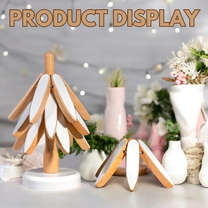 Wooden Trivets for Hot Dishes, Tree Trivet Set, Stackable Tree Coasters for Hot Dish, Pot, Bowl, Teapot, Includes 4 Trivets, 1 Stand, and 4 of Choice (White/Natural Wood)