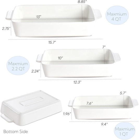 Ceramic Bakeware Set, 13"/10"/7.6" Rectangular Porcelain Baking Dishes for Kitchen, Lasagna Pans with Handle for Cooking, Baking Pan Deep Casserole Dishes for Baking, Set of 3 White