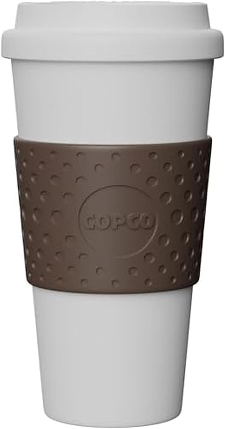 Copco Acadia 16 oz Reusable To-Go Travel Mug - BPA-Free Insulated Coffee Cup with Double-Wall Insulation, Spill-Proof Lid & Non-Slip Rubber Grip - Microwave & Dishwasher Safe (White/Brown)