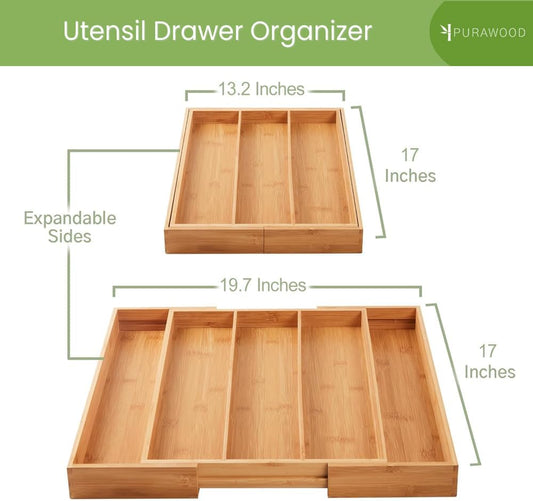 Purawood Kitchen Drawer Organizer, 2 Pack - Expandable Utensil Drawer Organizer for Kitchen, Cutlery Tray & Silverware Organizer, 3-5 Slots - Bamboo Organizer for Utensils & Flatware (Natural)