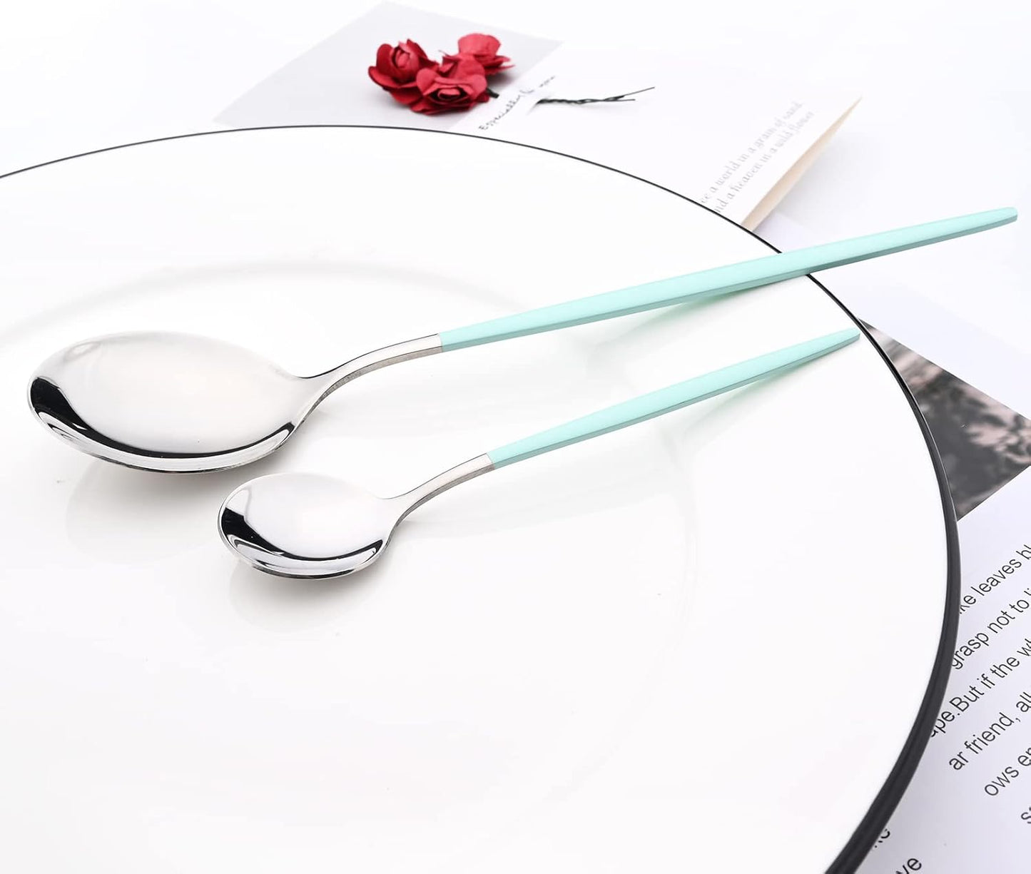 Mirror Cutlery Serving Set, 24-piece 18/0 Stainless Steel Silverware With Mint Green Handle Simple & Modern Tableware For Home Restaurant Dinner, Service For 6 (Mint Green Silver)