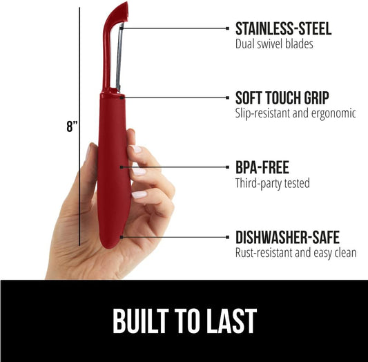 GORILLA GRIP Patented BPA-Free Sharp Stainless Steel Swivel Vegetable Peeler, Comfortable Handle Potato Peelers, Smooth Peeling, Peel Carrots Apple, Includes Blade Cover, Kitchen Tool, Red