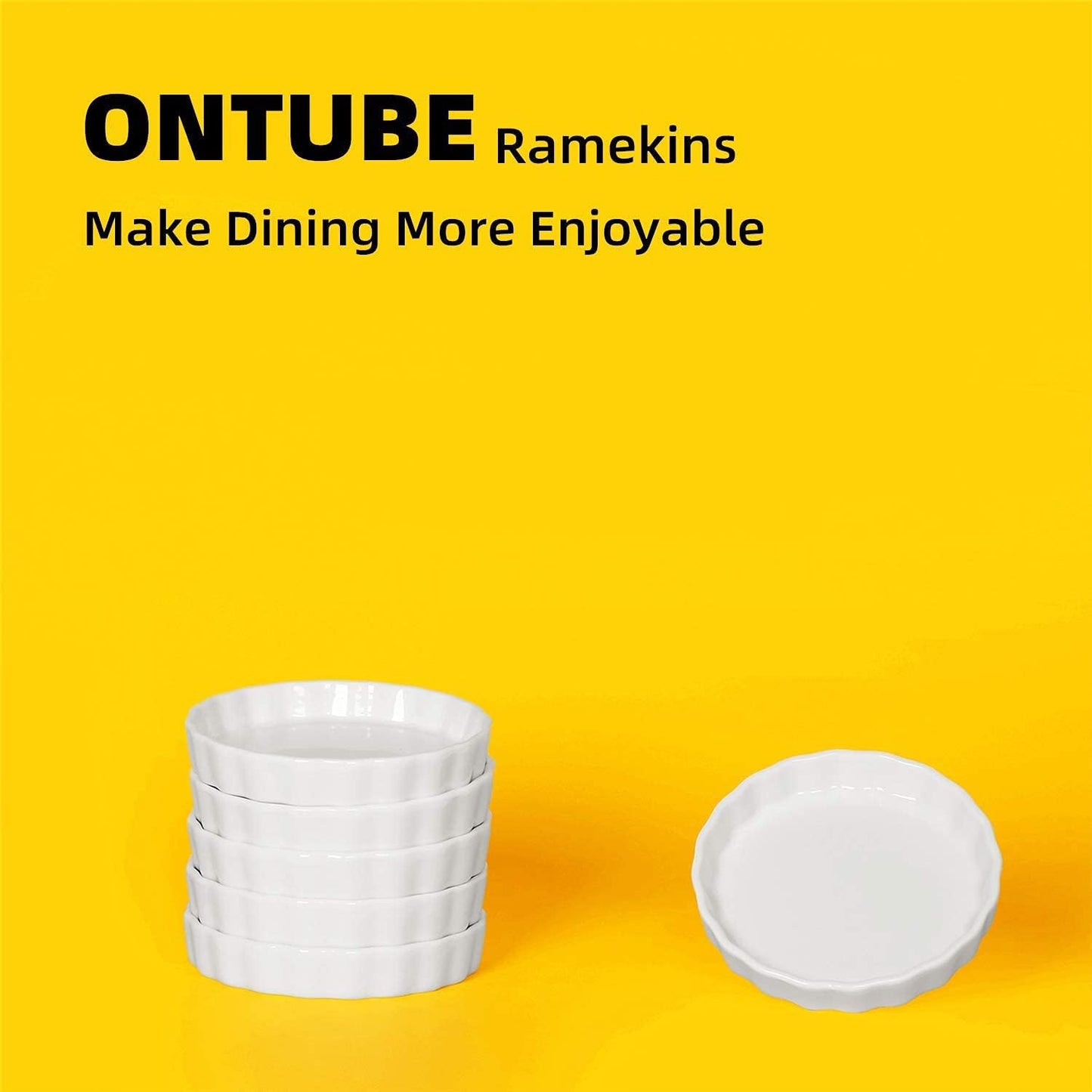 ONTUBE Ramekins -Porcelain Round Ramekins for Creme Brulee Dishes,Dipping Sauces,Baking Pudding Cups, Souffle Dish,Oven Safe,Set of 6 White