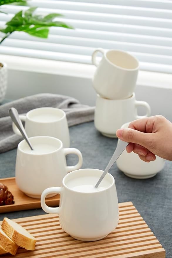 11 Ounce Porcelain Coffee Mugs Set of 6 with Handle Perfect for Coffee, Tea, Milk, Chocolate and Latte, Ceramic Coffee Cups Set for Man and Woman (White)