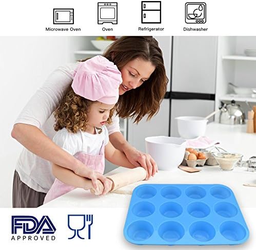 homEdge 12-Cup Silicone Muffin Pan, Pack of 2 Non-Stick Muffin Molds, Baking Pan for Cupcake, Tarts, Egg Bites-Blue