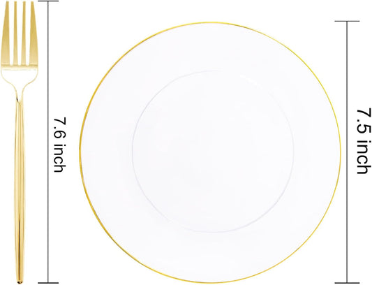 Rubtlamp 200Pcs Clear Gold Dessert Plates With Plastic Gold Forks, 100pcs 7.5inch Plates For Appetizers,100pcs 7.8inch Premium Forks Disposable, Cake Platos Disposable for Wedding