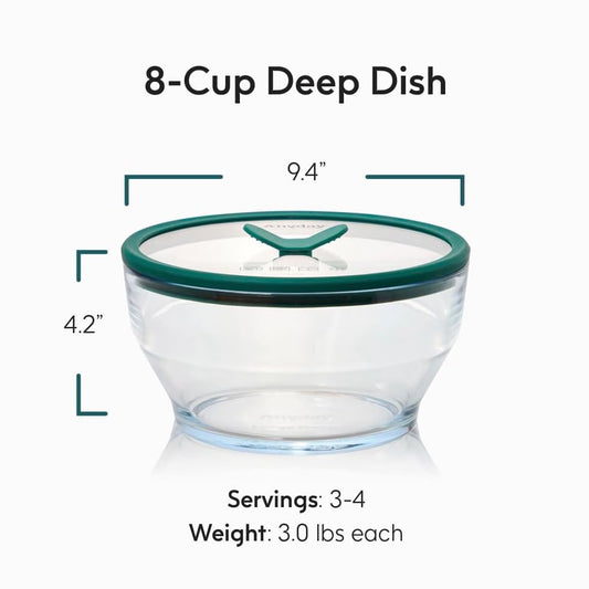 Anyday 8-Cup Glass Food Storage with Glass Lid, Round Deep Dish | Plastic-Free Meal Prep & Microwave Cookware | Stackable Airtight Storage Container with Vented Lid for Microwave-Safe Reheating