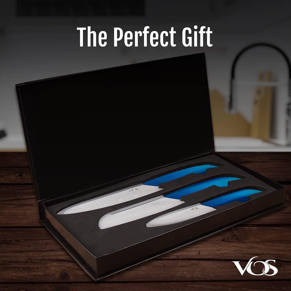 Vos Ceramic Knife Set in Elegant Gift Box, Ceramic Knives Set For Kitchen, Ultra Sharp Kitchen Knife Set with Covers, 4" 5" 6" Paring, Santoku & Chef Knife, Lightweight, Dishwasher safe (Blue Handle)
