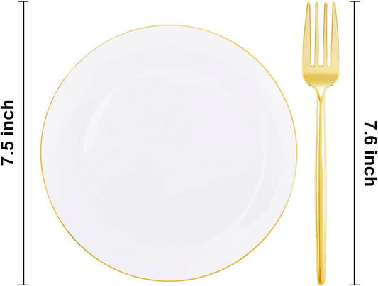 Rubtlamp 200Pcs Gold Plastic Dessert Plates,White Appetizer Platos with Gold Disposable Forks, Fancy Small Dessert/Cake Plates Include 100pcs 7.5" Salad Platos, 100pcs 7.6" Plastic Forks for Party