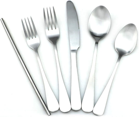 JASHII Modern Royal 20 Pcs Matte Silver 18/10 Stainless Steel Utensils Cutlery Dinnerware Set w/ 4 Pcs Straw, Knife Fork and Spoon Flatware Set for Wedding Festival Christmas Party Service for 4