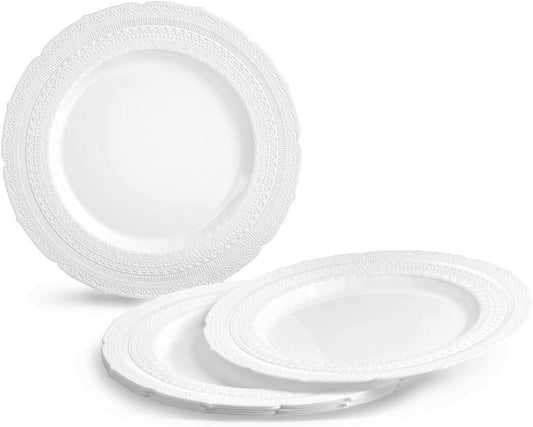 " OCCASIONS " 50 Plates Pack (25 Guests)-Extra Heavyweight Vintage Wedding Disposable/Reusable Plastic Plates -25x11'' Dinner + 25x8.25'' Salad/Dessert (Chateau Collection White)