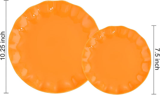LIYH 24 Pcs Orange Scalloped Plates - Sturdy Plastic Orange Plates for Halloween & Thanksgiving Party Dishwasher Safe Reusable (12 Guests)