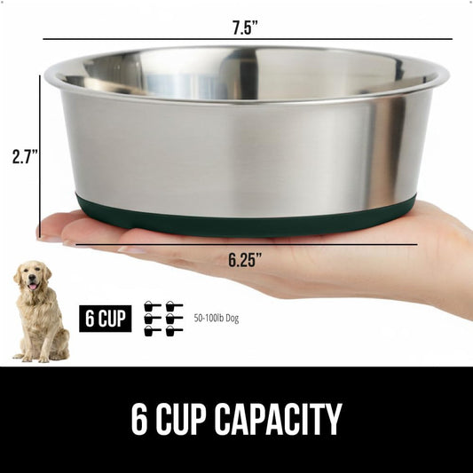 GORILLA GRIP Set of 2 Dog Bowls, Holds 6 Cups (48 fl oz), Heavy Duty Metal Food and Water Bowl for Feeding Dogs and Cats, Dishwasher Safe, Rust Resistant Stainless Steel, BPA Free Rubber Base, Green