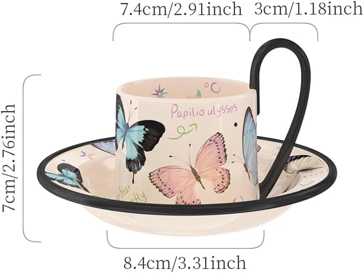 JIDOC Ceramics Dream Shadow Butterfly 210ml/7.1oz Cappuccino Mug Set,Coffee Mug Set,Dishwasher and Microwave Safe Ceramic,Ideal for Cappuccino, Espresso, Latte, Tea